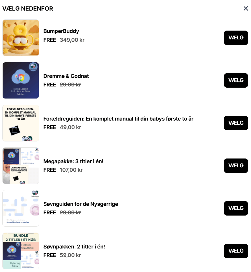 Shopify free gift with purchase selector containing BumperBuddy and several Babysleepy digital guides and ebooks.