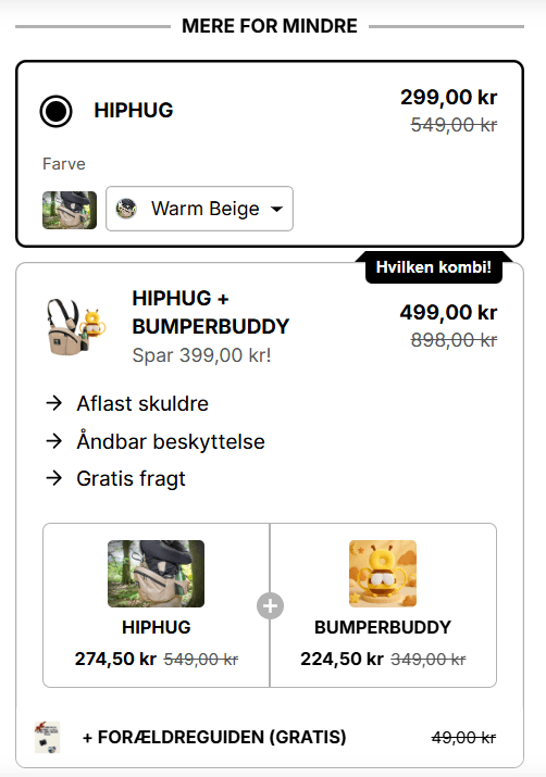 HipHug and BumperBuddy Shopify product bundle for DKK 499 with free shipping and a free parenting guide.