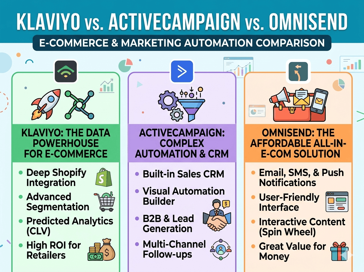 Klaviyo vs ActiveCampaign vs Omnisend comparison 2026