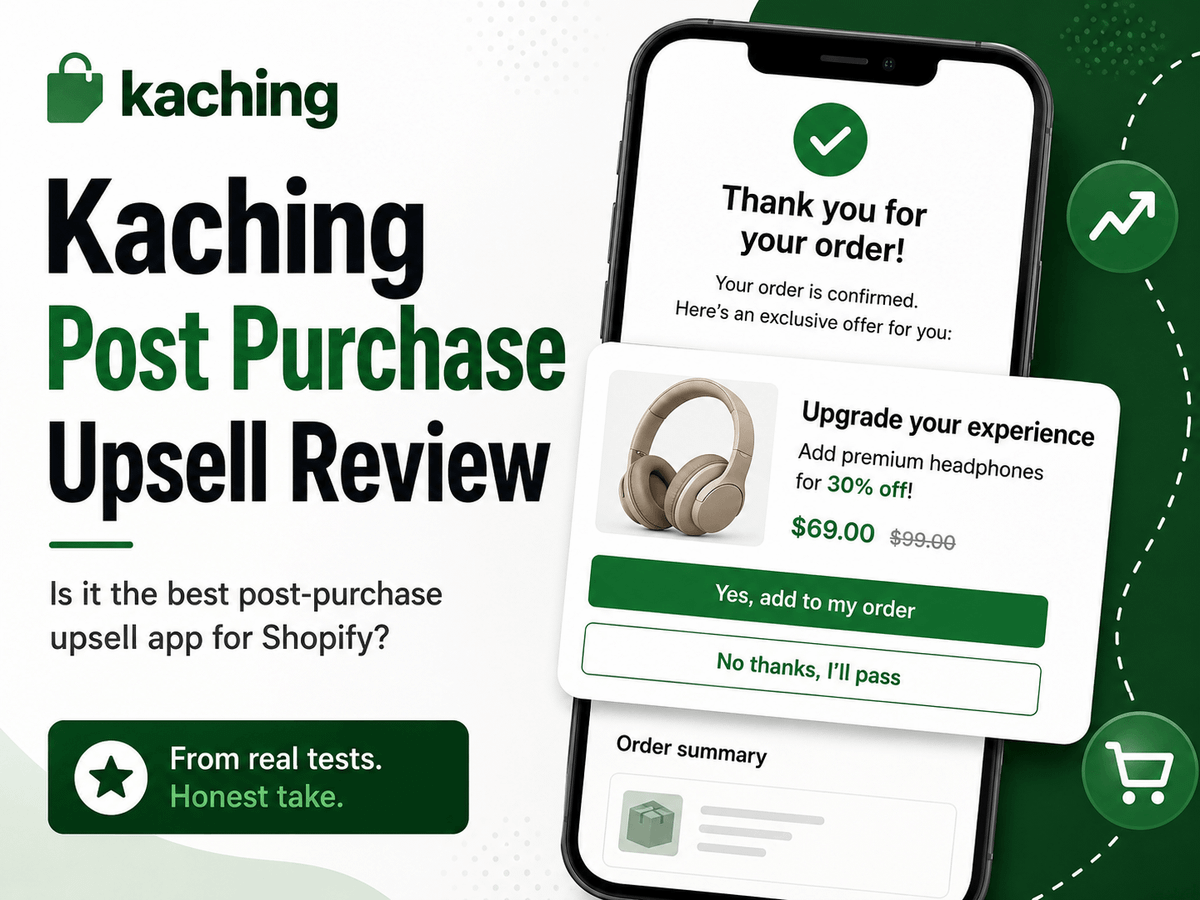 Kaching Post Purchase Upsell Review  featured image showing a post-purchase upsell  offer on a mobile Shopify store