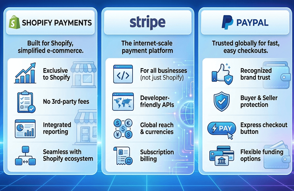 Shopify Payments vs Stripe vs PayPal comparison 2026