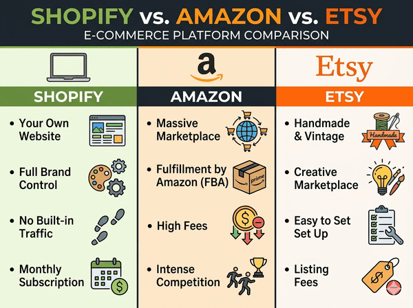 Shopify vs Amazon vs Etsy comparison 2026