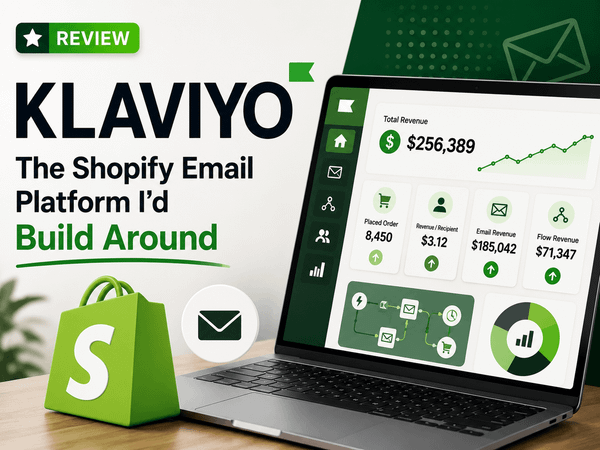 Klaviyo review feature image showing Shopify email marketing dashboard and automation analytics
