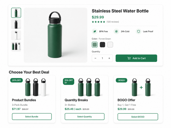 Bold Bundles review graphic showing Shopify product bundles, quantity breaks, and bundle discount offers