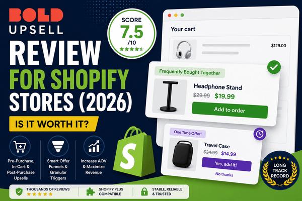 Bold Upsell review for Shopify stores in 2026, showing a 7.5/10 score and examples of pre-purchase, in-cart, and post-purchase upsell offers.