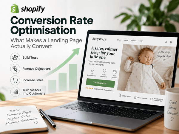 Shopify conversion rate optimisation illustration showing a product landing page on a laptop, with trust signals, customer reviews, clear benefits, a CTA and a rising conversion chart