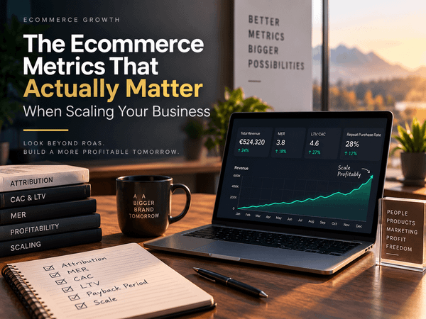 Ecommerce growth dashboard showing total revenue, MER, LTV:CAC, repeat purchase rate, and a rising revenue chart, alongside notes highlighting attribution, CAC, LTV, payback period, profit.