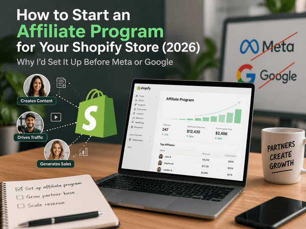 Shopify affiliate marketing program dashboard showing affiliate partners driving content, traffic, and sales, with Meta and Google shown as secondary channels.