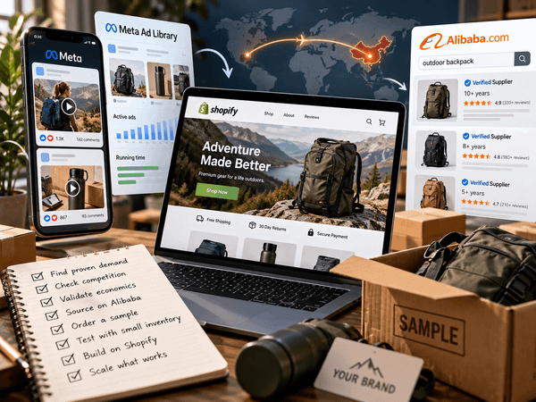 Ecommerce product research and testing workflow showing Meta Ad Library, Alibaba verified suppliers, a Shopify storefront and product samples, illustrating how to find and test winning produc