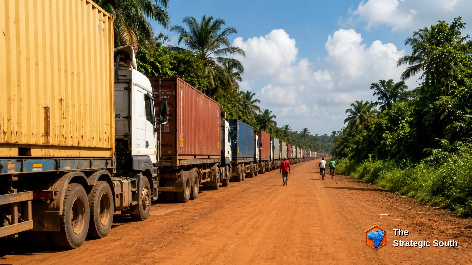Container trucks queuing on a red-dirt road in Central Africa, stalled on a trade corridor