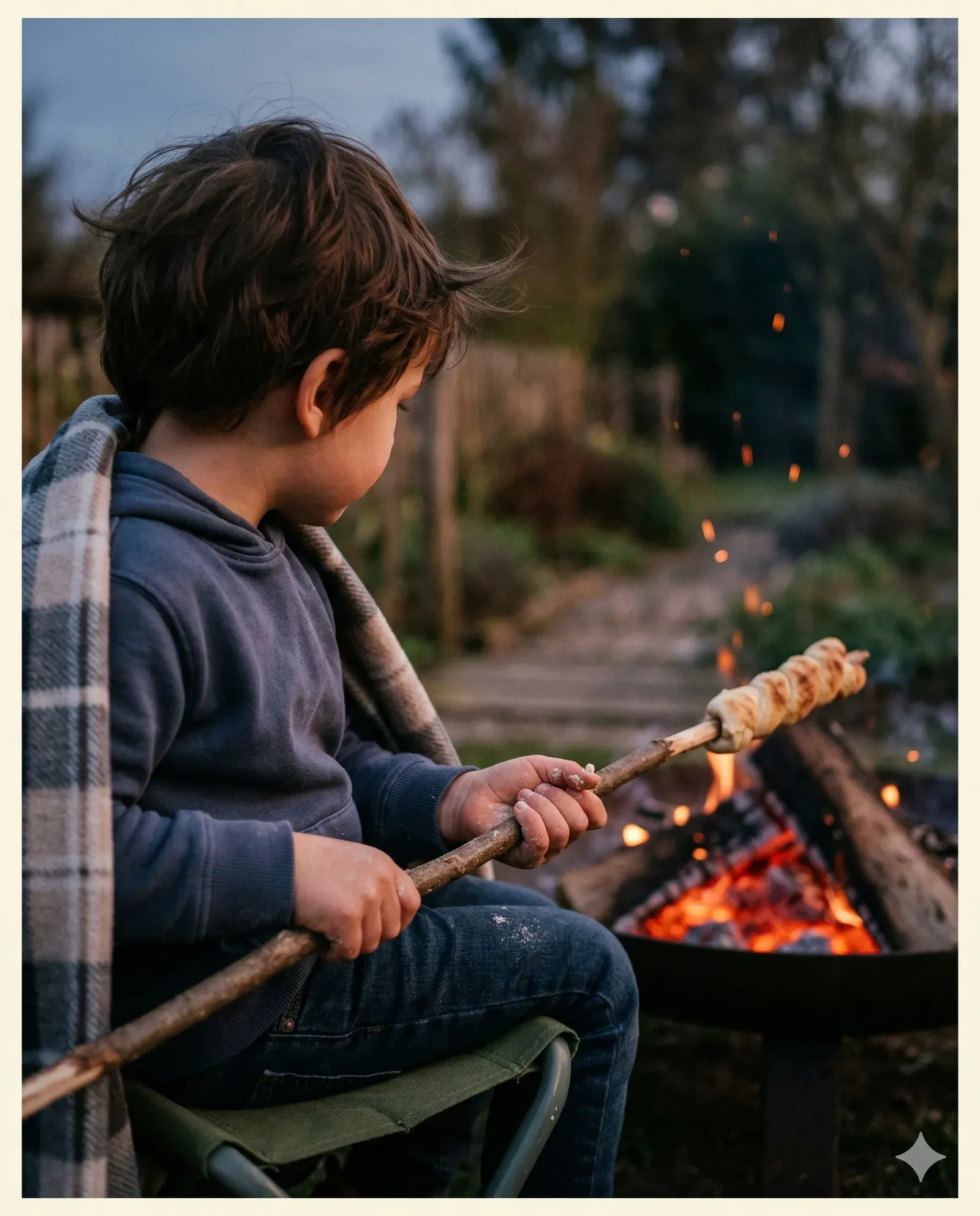 Der Stockbrot-Abend — Feuer, Teig und Geschichten — Kind in Aktion — mitte
