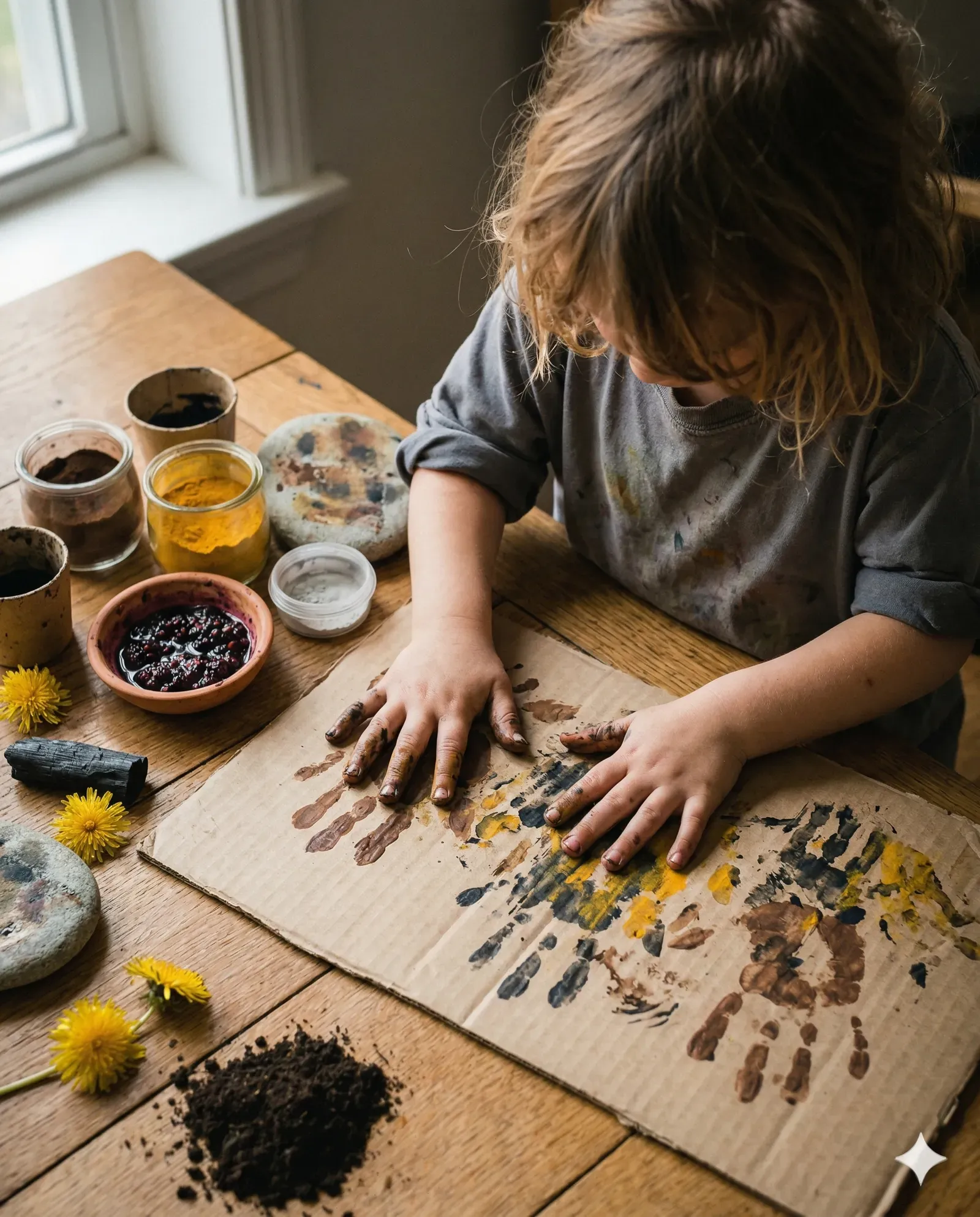 Echte Matschfinger — Malen mit Farben aus der Natur — Kind in Aktion — mitte
