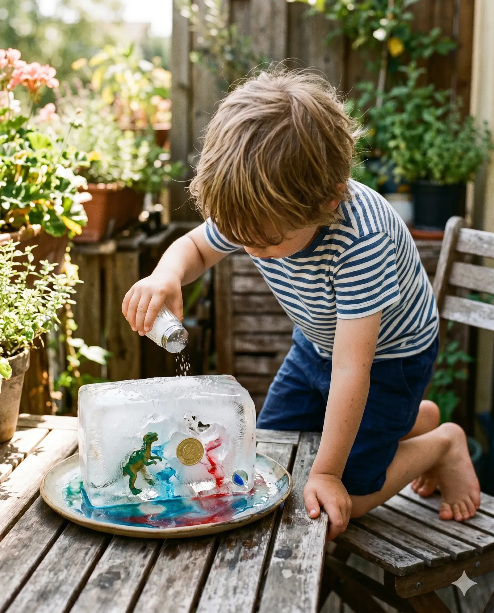 Der Eisblock-Schatz — Spielzeug aus dem Eis befreien — Kind in Aktion — mitte