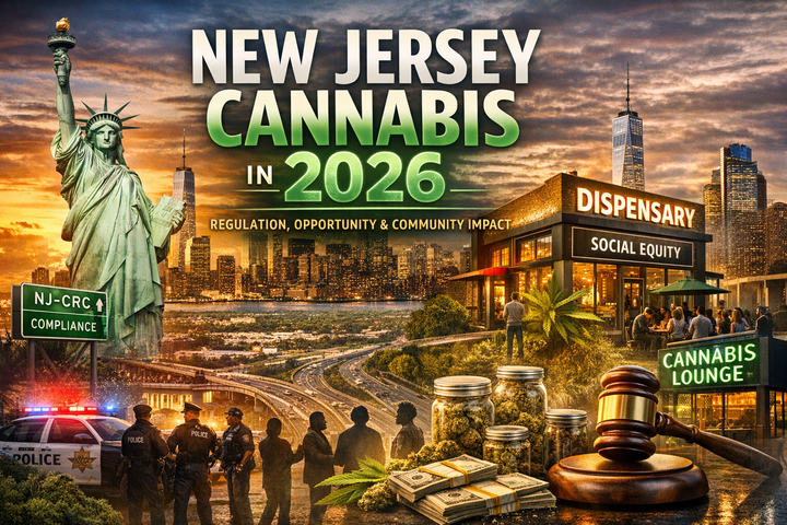 Digital illustration of New Jersey cannabis industry in 2026 featuring a dispensary, cannabis lounge, skyline, law enforcement, and symbols of regulation, compliance, and economic growth.