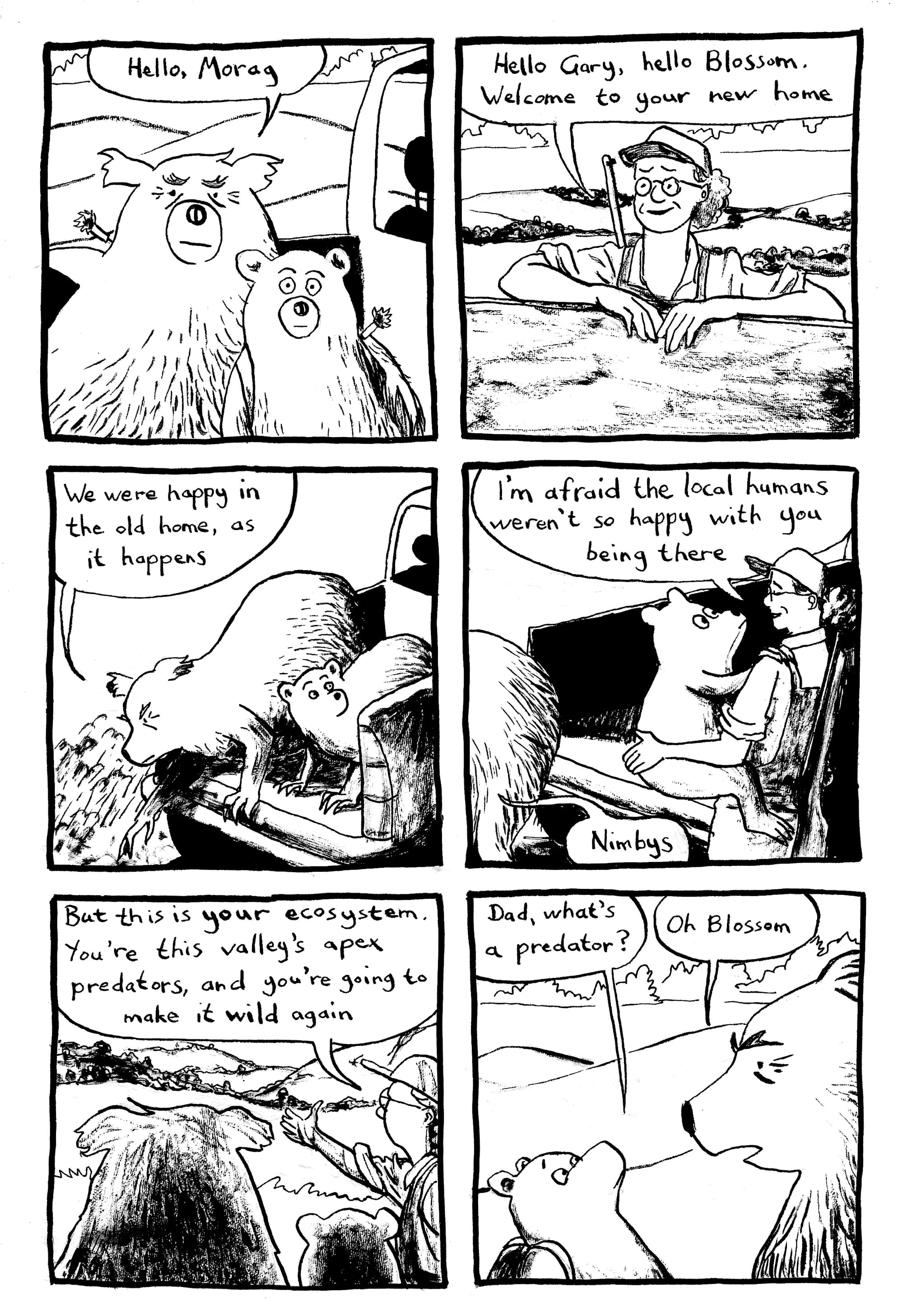 Gary and Blossom sit in the trailer with tranquiliser darts still sticking out of their necks. Morag the biologist is looking at them Gary: Hello Morag. Morag: Hello Gary, hello Blossom. Welcome to your new home. Gary [climbing out of the truck] We were happy in the old home, as it happens. Morag: I’m afraid the local humans weren’t so happy with you being there. Gary: Nimbys. Morag: But this is your ecosystem. You’re this valley’s apex predators, and you’re going to make it wild again. Blossom: Dad, what’s a predator? Gary [ruefully]: Oh Blossom. 