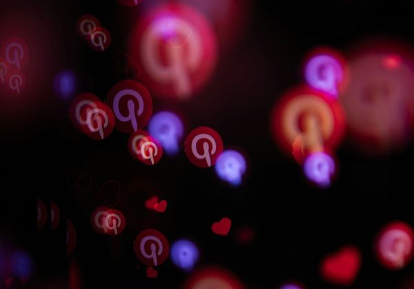 Pinterest logo with data analytics and AI advertising visuals representing earnings growth and stock surge