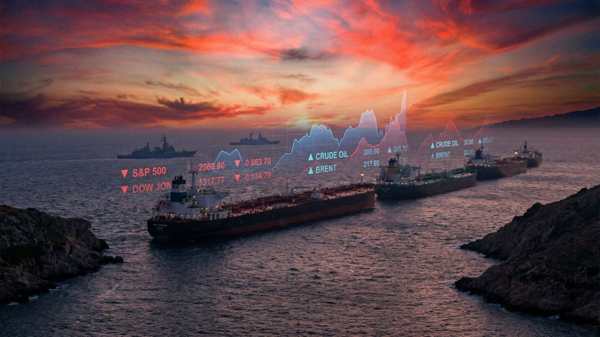 Oil tankers at Strait of Hormuz at dusk with financial market overlays
