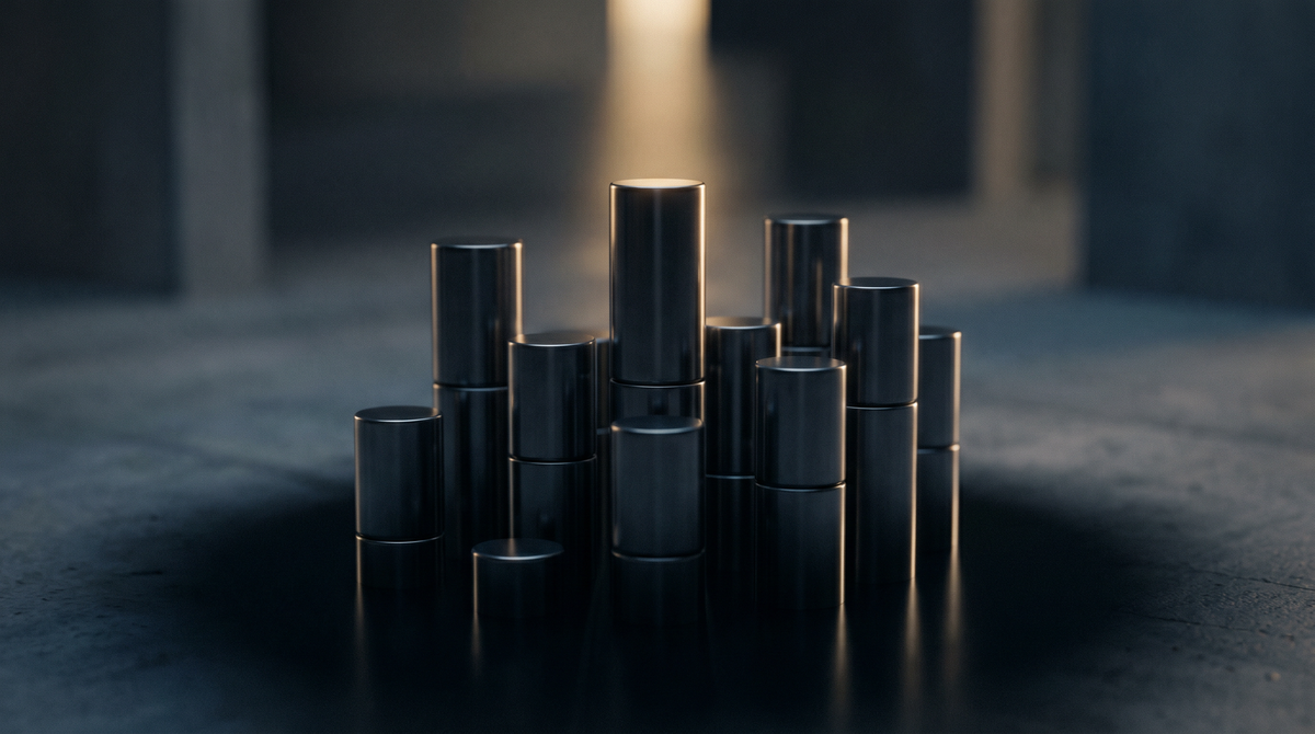 Stacked steel columns lit by a single beam — capital structure visualization