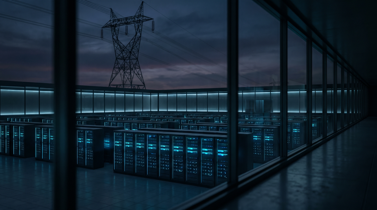 Data center server hall under high-voltage transmission tower at dusk