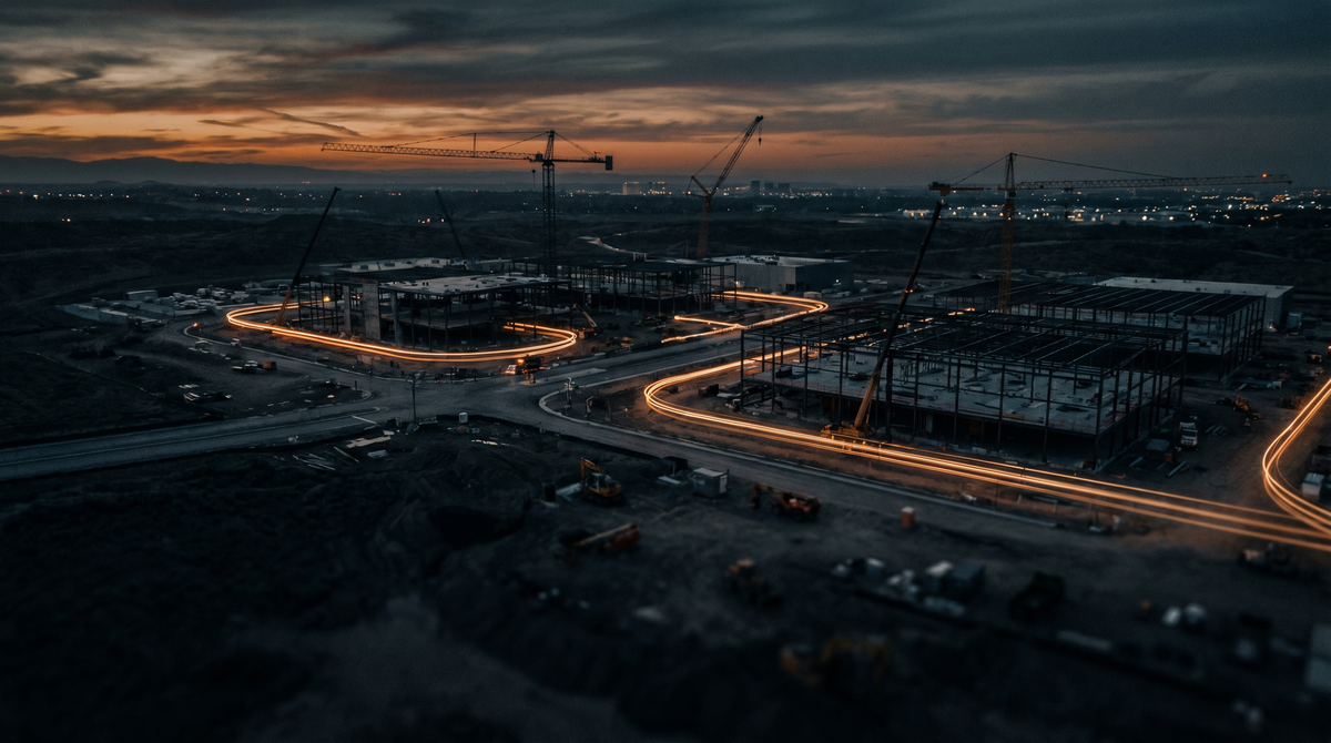 Aerial twilight view of data center campus under construction