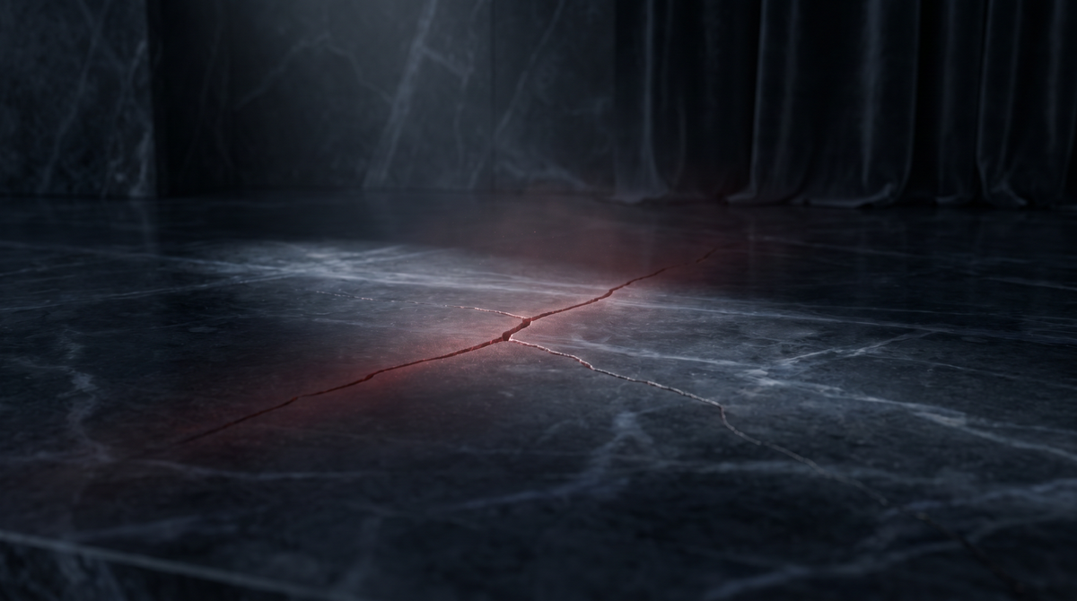 Crack across dark marble surface with red glow