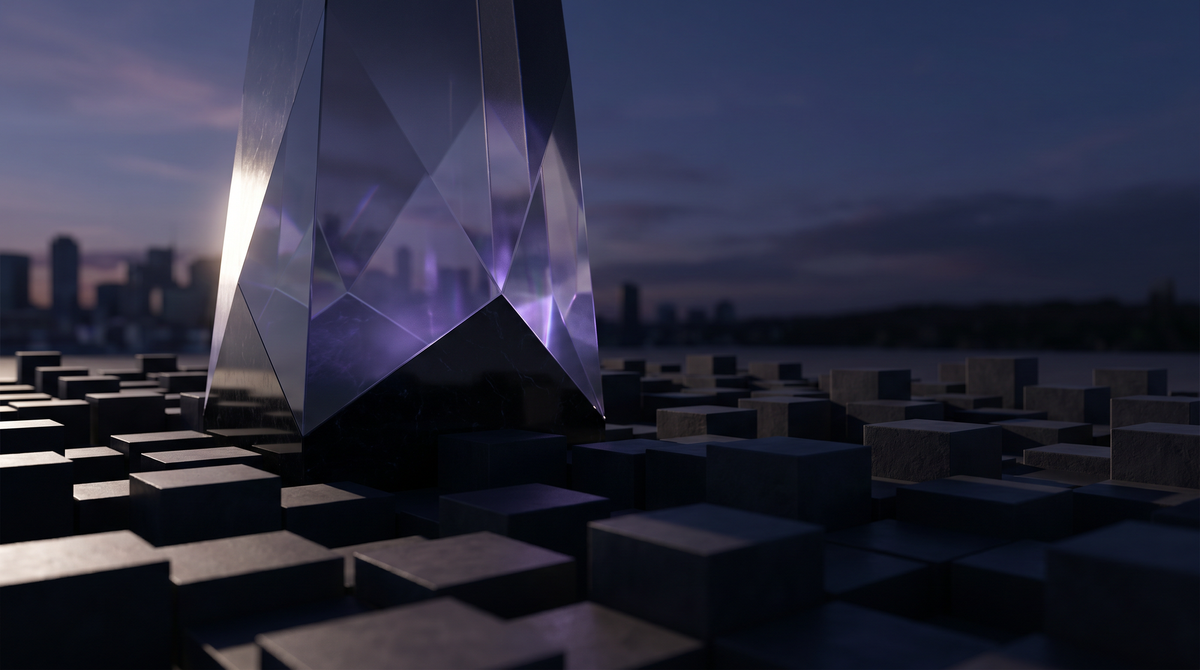 Translucent monolith rising above smaller dark blocks