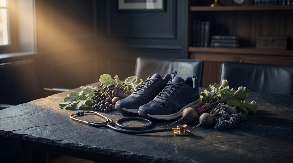 Running shoes, stethoscope, and produce on a dark slate surface