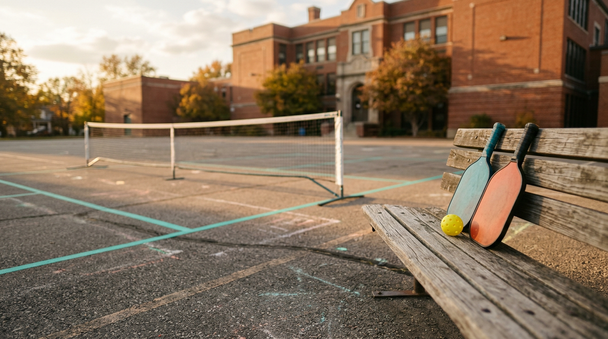 An empty schoolyard pickleball court with paddles and a yellow ball resting on a wooden bench in golden afternoon light