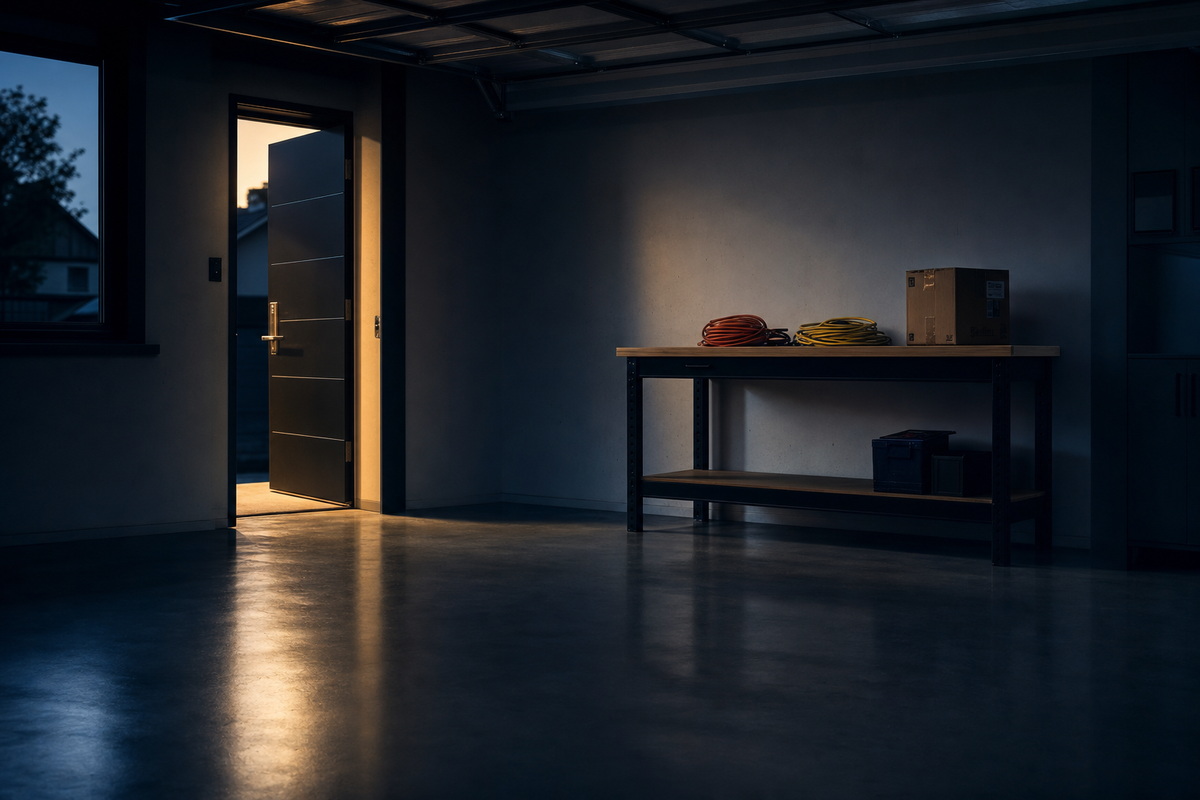 Empty modernist suburban garage interior at dusk with a workbench, coiled extension cords and a single unopened cardboard box