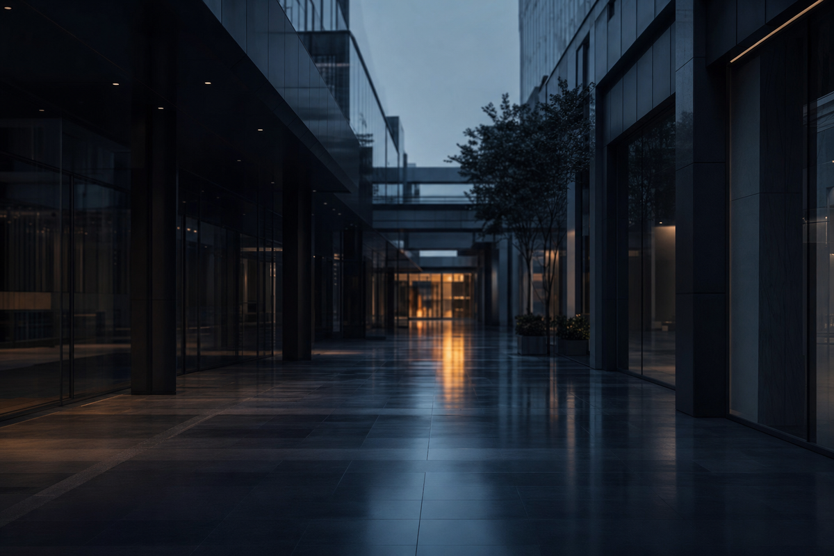 Empty contemporary Shanghai shopping arcade at dusk with polished stone floor reflecting cold blue light
