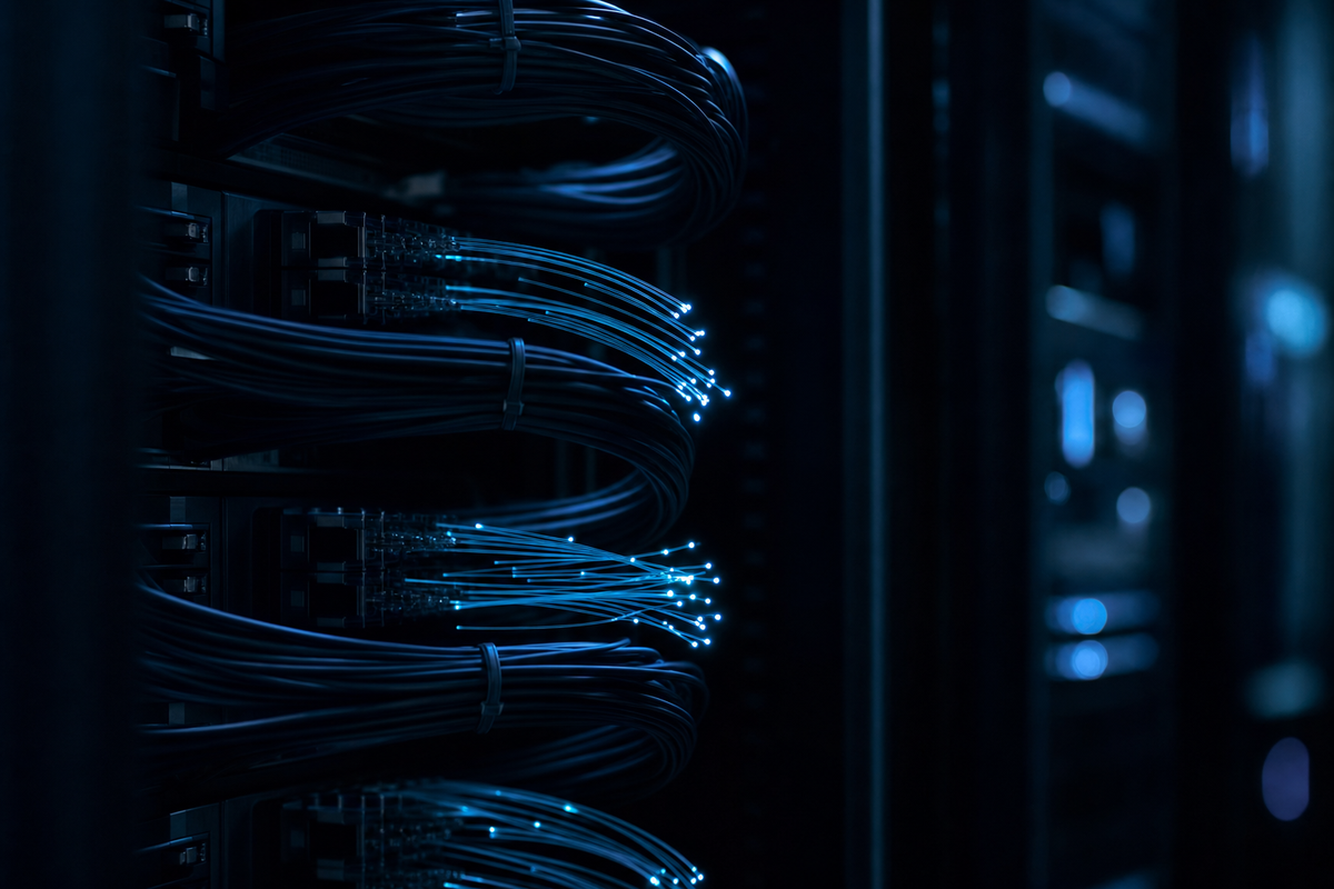Dark data center server rack with glowing blue fiber-optic cables converging into network nodes