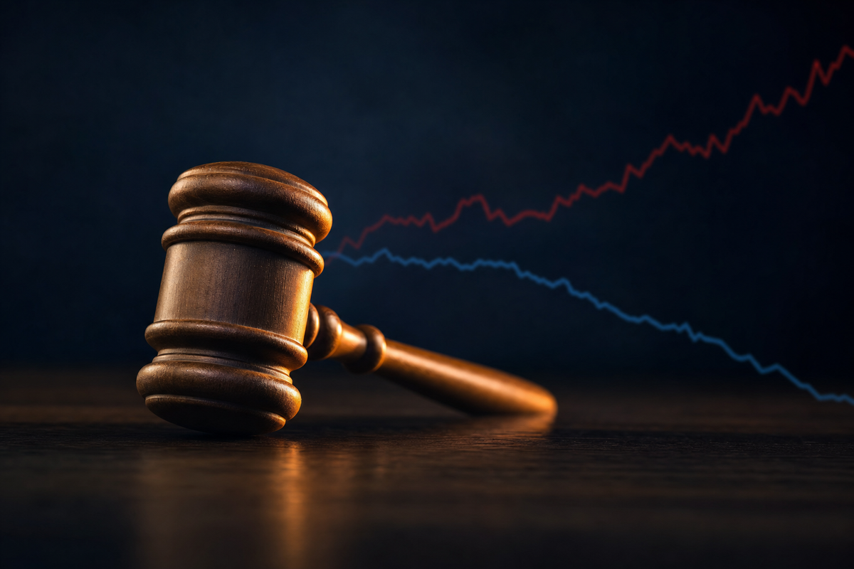 A wooden gavel on a dark surface with a red ascending line and a blue descending line in the background