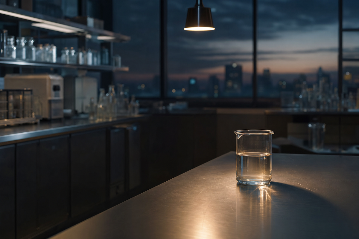 An empty pharmaceutical laboratory at dusk with a polished stainless steel bench, a single glass beaker holding clear liquid, soft amber light from an overhead pendant fixture