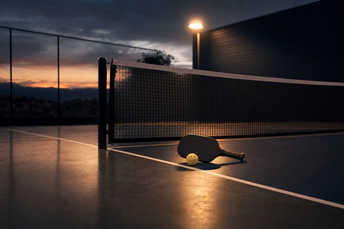 Empty pickleball court at dusk with paddle and ball at the net