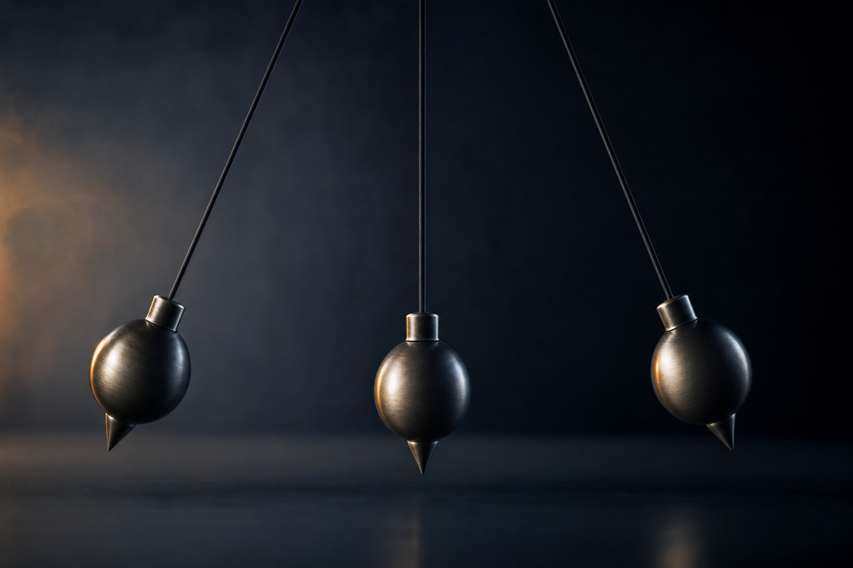 Three identical brass pendulums hanging at slightly different positions against a dark navy background
