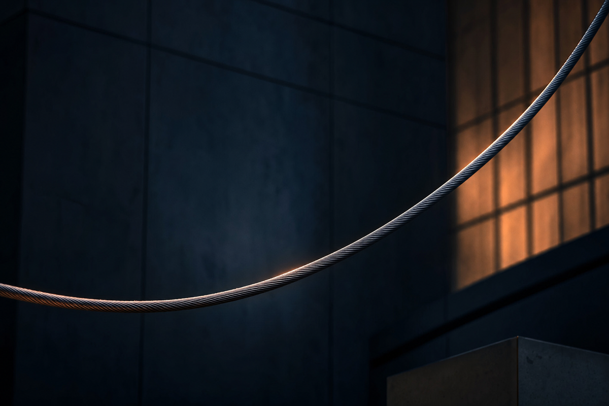 Single illuminated steel cable bending upward against a dark architectural backdrop