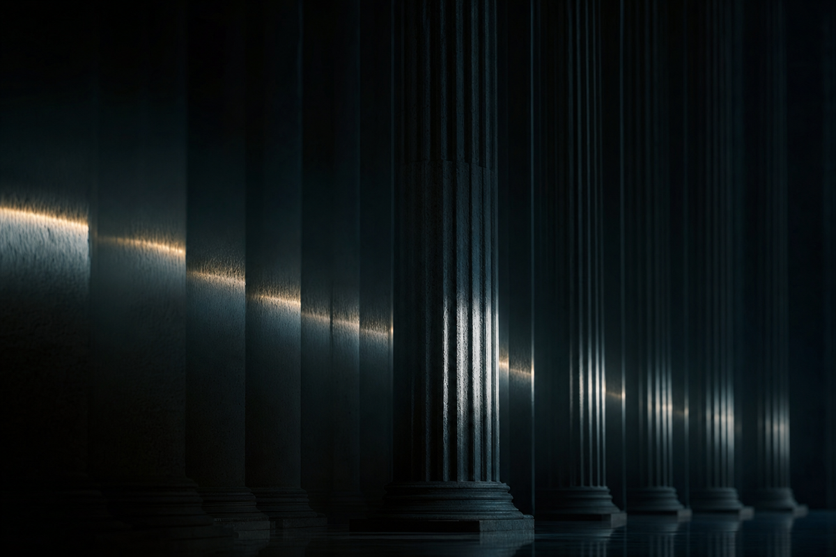 Neoclassical columns receding into deep shadow with a horizontal beam of cold light and muted gold accent