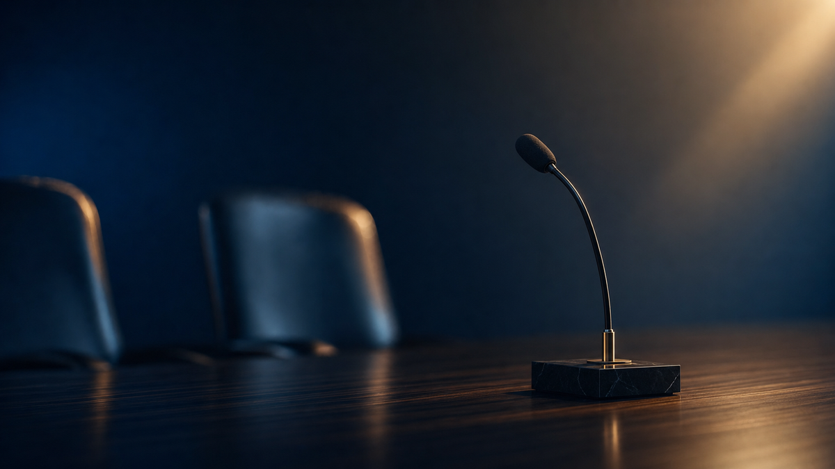 Single boardroom microphone on a polished dark wood conference table, lit by gold rim light