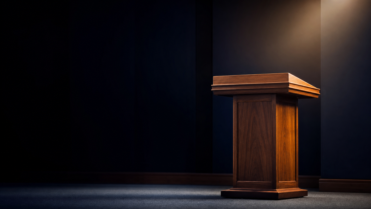 Empty wooden lectern lit by warm amber rim light against dark navy room — microphone visible, no speaker present