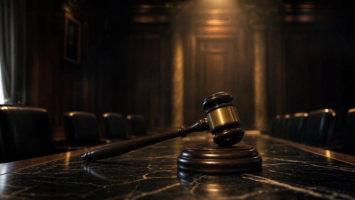 A heavy wooden gavel with a brass band rests on a polished marble government boardroom desk, illuminated by a single warm amber spotlight against deep navy shadow