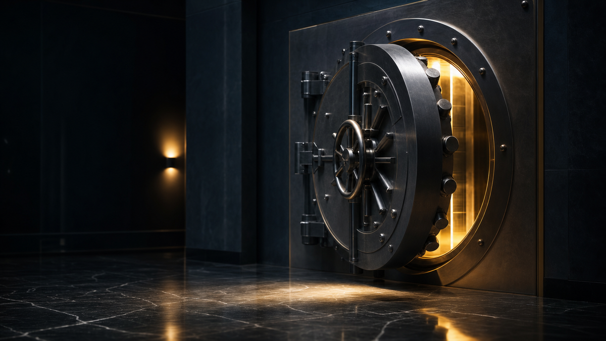 Heavy steel bank vault door slightly ajar with warm amber light spilling onto polished dark marble floor