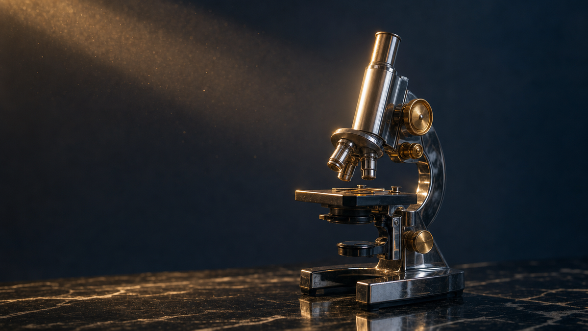 A chrome laboratory microscope on dark marble lit by warm amber light — Solomon Grey Capital editorial illustration for the Merck KGaA Bio-Techne $11.3 billion life sciences tools deal.