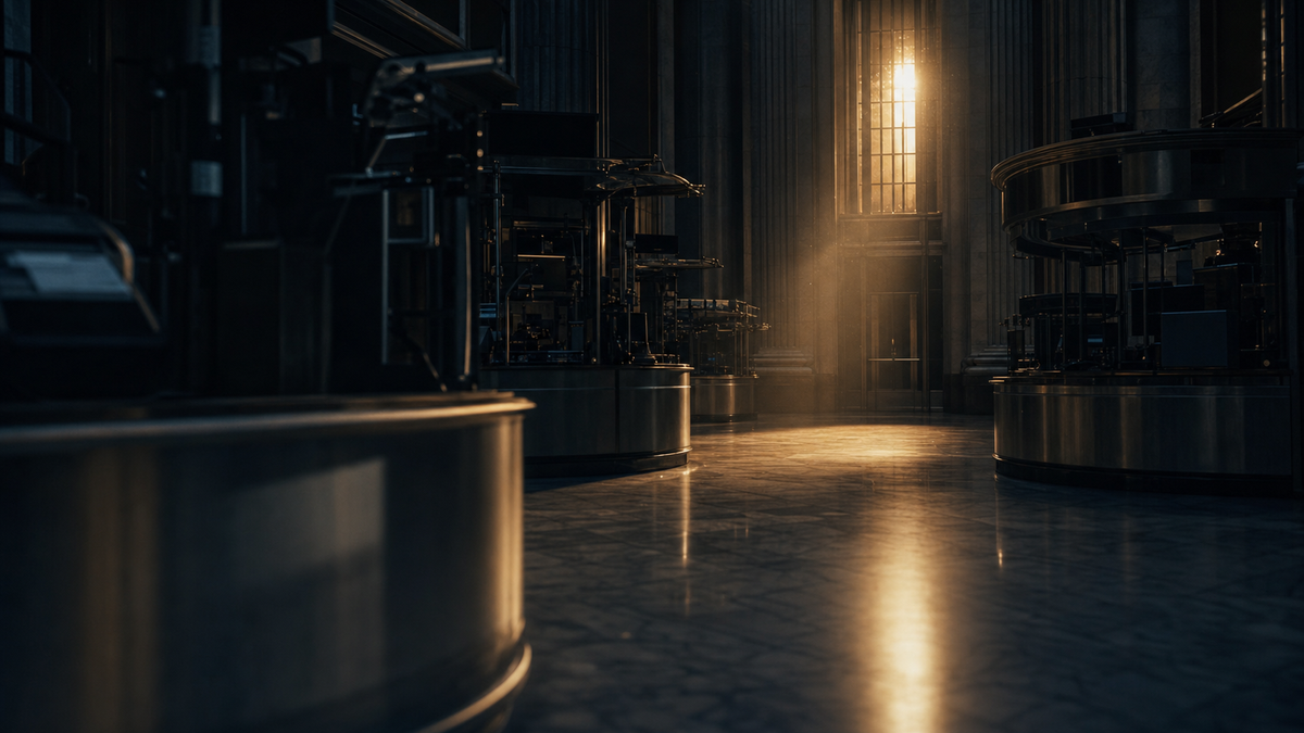 An empty stock-exchange floor at night with brushed-steel trading kiosks under a single warm amber window light — Solomon Grey Capital editorial illustration for the OpenAI IPO delay piece.