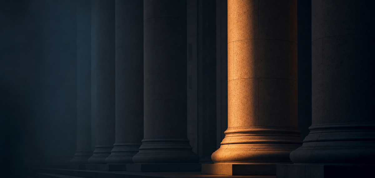 Great Hall of the People stone columns receding into shadow with a single amber-lit column, dark navy editorial photograph