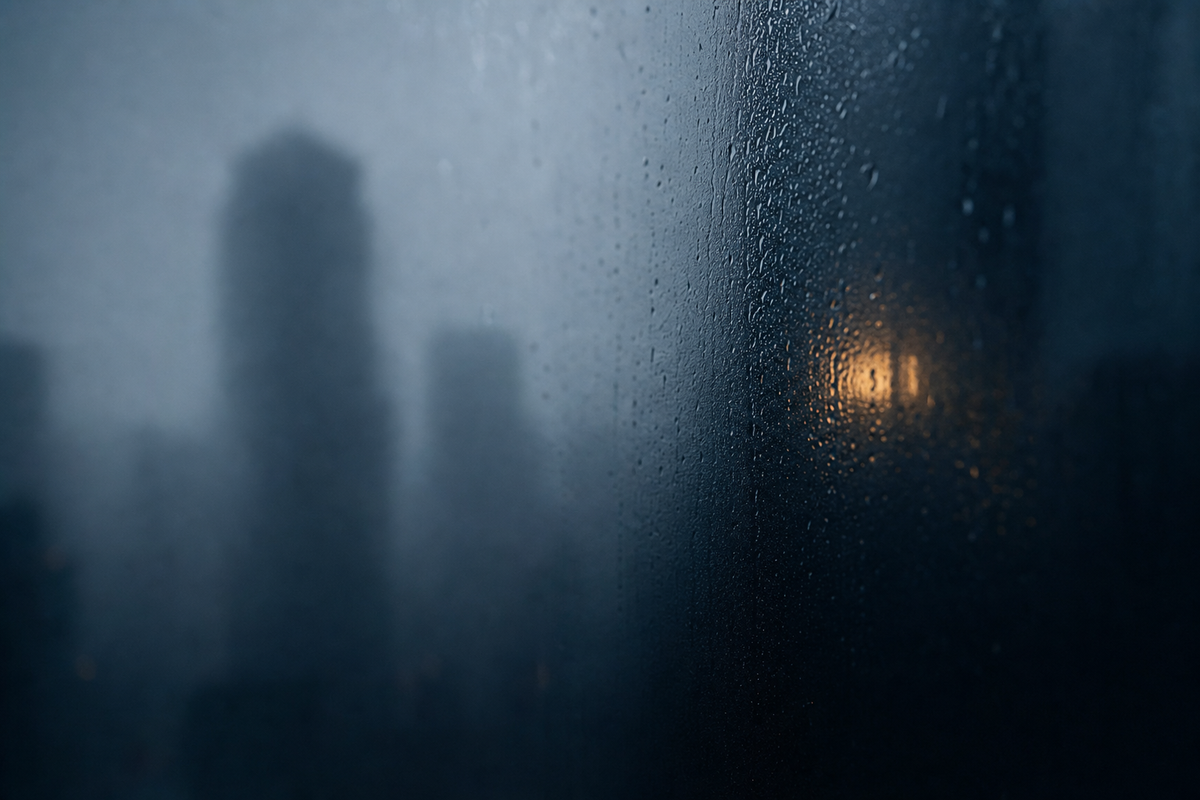A cinematic abstract close-up of dark navy fogged glass with blurred skyscrapers dissolving into mist behind it and a single warm amber light glowing on the right side through the fog.