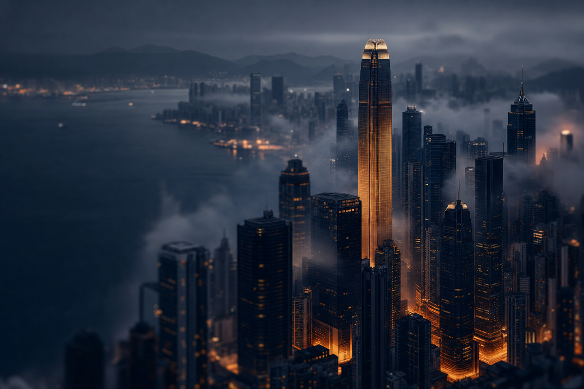 A cinematic abstract high-angle view of the Hong Kong skyline at dusk with silhouetted dark navy towers, one tall central building glowing with a vertical amber accent, and atmospheric fog...