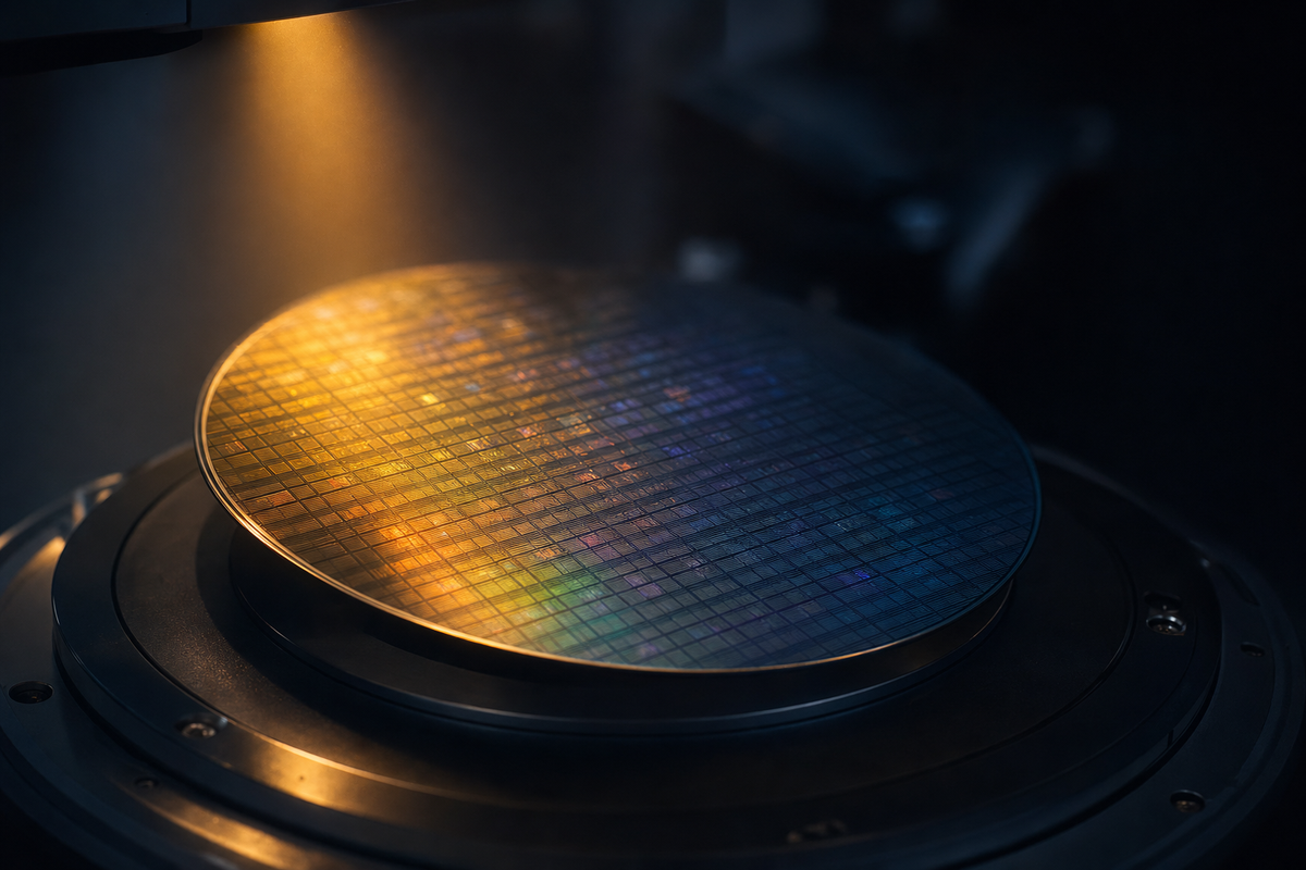 A silicon wafer covered in iridescent die patterns under warm amber cleanroom lighting, set against a dark industrial background.