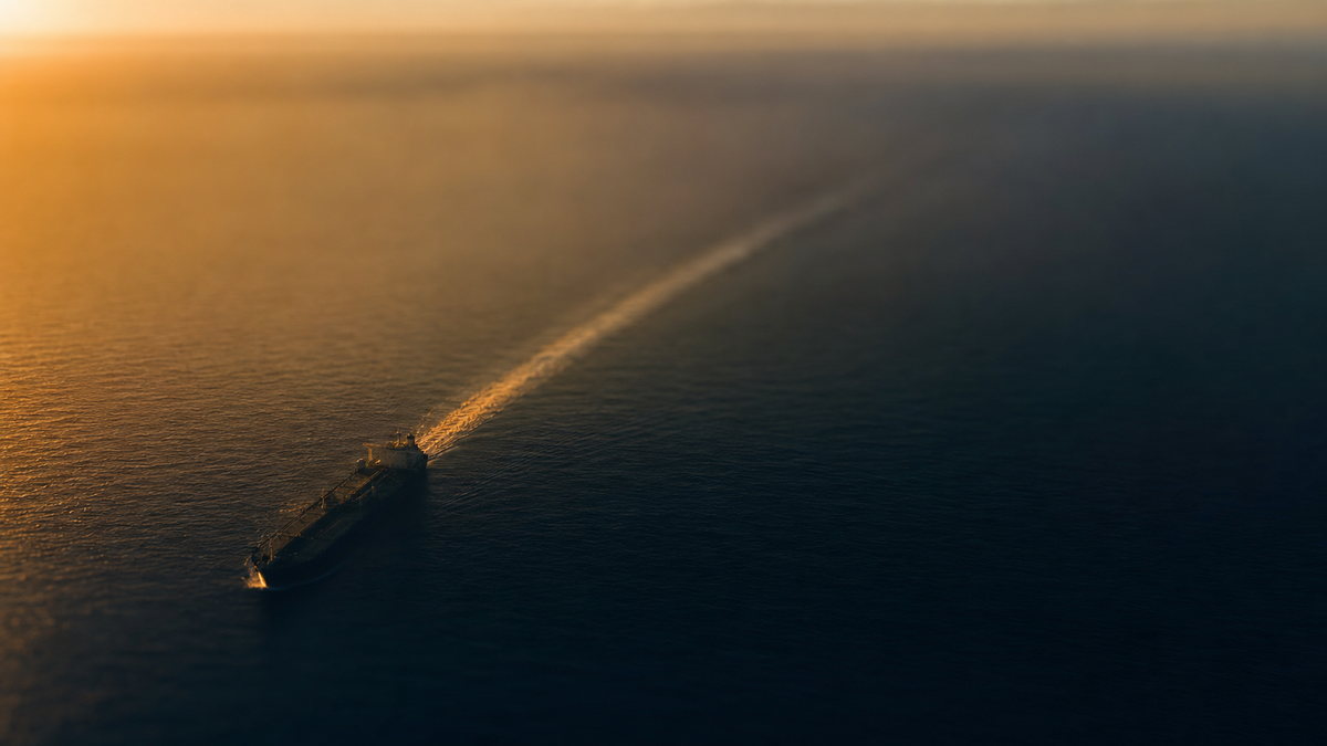 Aerial silhouette of a single oil tanker cutting through dark navy ocean with amber dawn light catching its wake diagonally across a wide 16:9 composition.