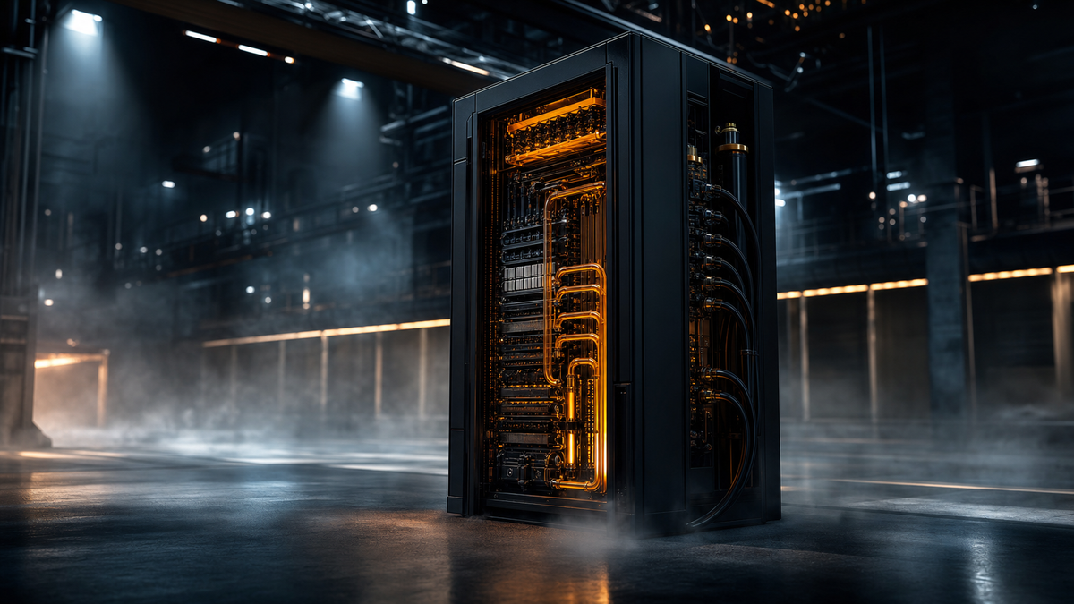 Editorial photograph of a single liquid-cooled AI server rack glowing with amber accent lighting on a dark industrial factory floor, symbolizing rack-scale AI infrastructure manufacturing.