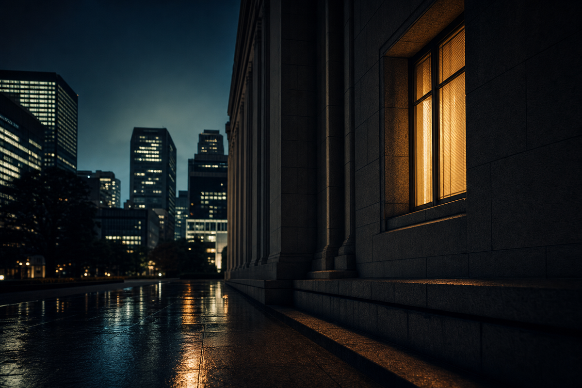A cinematic night-time view of a Tokyo government building with a single amber-lit window, rain-slicked pavement in the foreground and the Kasumigaseki skyline in the deep navy background.